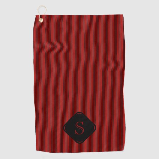 Rood en zwart fijne verticale strepen monogram golfhanddoek (Voorkant)