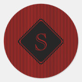 Rood en zwart fijne verticale strepen monogram ronde sticker (Voorkant)