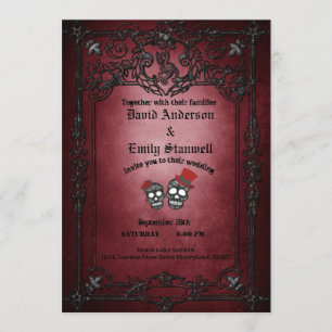 Rood en zwart Floral Gothic Halloween Wedding Kaart