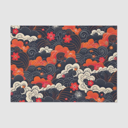 Rood en zwart Floral Oriental Tissuepapier (Voorkant)