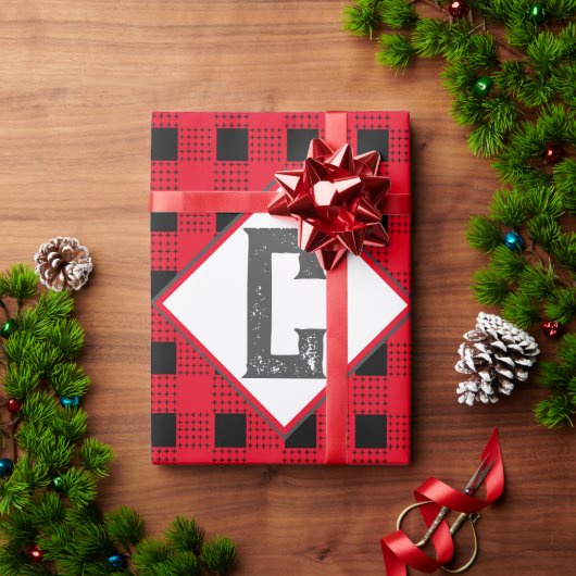 Rood en zwart gebuffel Monogram initiaal klassiek Cadeaupapier (Feestdagen Geschenken)