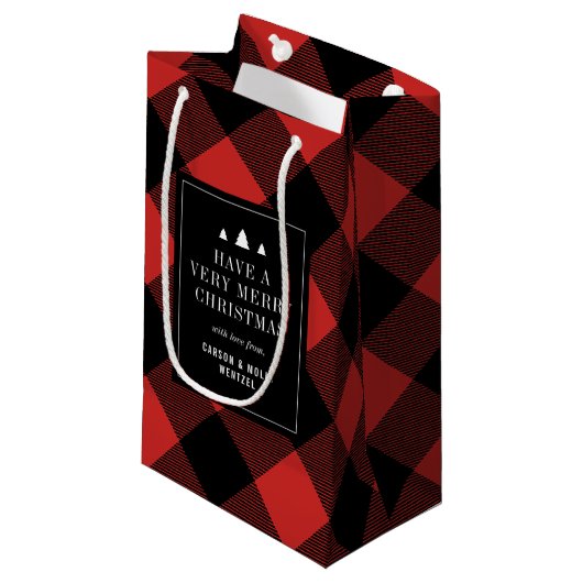 Rood en zwart gebundelde cheque op maat klein cadeauzakje (Voorkant Gekanteld)