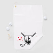 Rood en zwart gepersonaliseerd monogram golfhanddoek (Insitu)