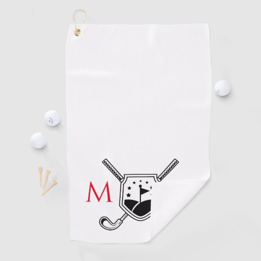Rood en zwart gepersonaliseerd monogram golfhanddoek (Insitu)