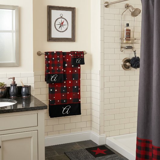 Rood en zwart geruit met sterren monogram bad handdoek