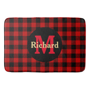 Rood en zwart geruit monogram en naam badmat