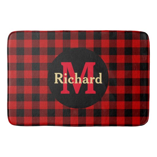 Rood en zwart geruit monogram en naam badmat (Voorkant)