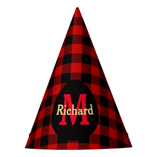 Rood en zwart geruit monogram en naam feesthoedjes (Voorkant)