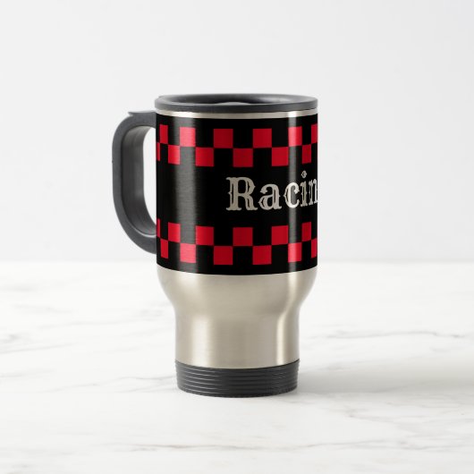 Rood en Zwart Geruit Racen Reisbeker (Voorkant links)
