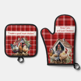 Rood en zwart geruite Chicken Funny Quote Ovenwant & Pannenlap Set