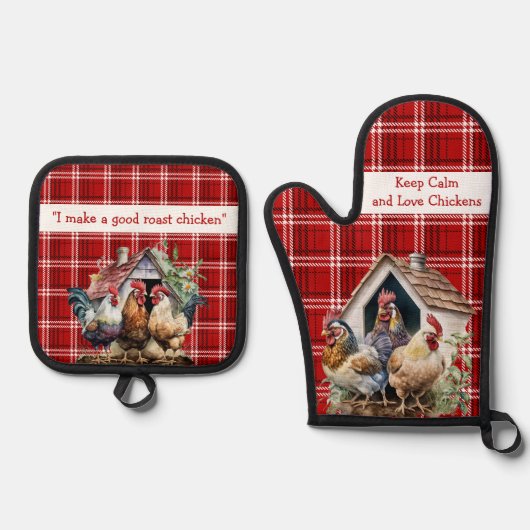 Rood en zwart geruite Chicken Funny Quote Ovenwant & Pannenlap Set (Voorkant)