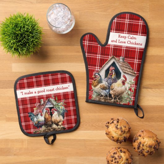 Rood en zwart geruite Chicken Funny Quote Ovenwant & Pannenlap Set (Top down)