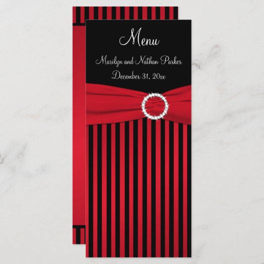Rood en Zwart Gestreepte Menu Kaart met Faux Lint (Voorkant / Achterkant)