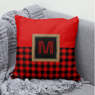 Rood en zwart Gingham Buffalo Check Monogram Kussen