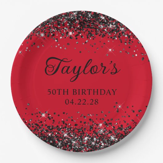 Rood en Zwart Glitter 50ste verjaardag Papieren Bordje (Voorkant)