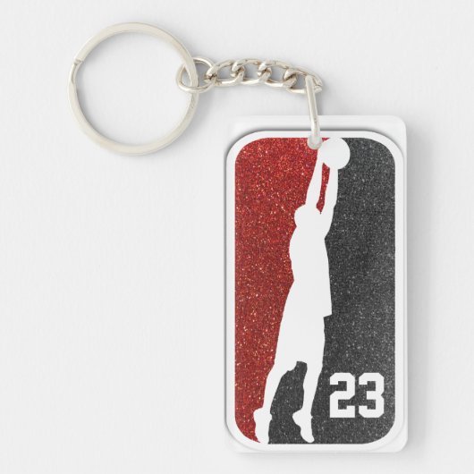 Rood en zwart Glitter Basketball Jersey Number Sleutelhanger (Voorkant)