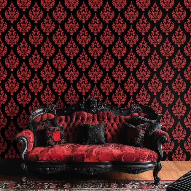 Rood en Zwart Gothic Moody Damask Behang (Creator heeft geüpload)