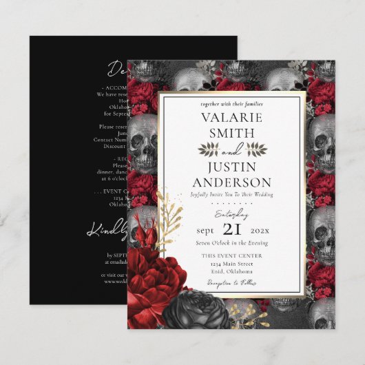 Rood en zwart Gotisch Bloemen alles in één uitnodi Kaart (Voorkant / Achterkant)
