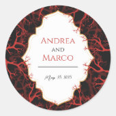 Rood en Zwart Gotisch Donker Bruiloft Uitnodiging Ronde Sticker (Voorkant)