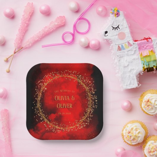 Rood en zwart goudbruin Glitter Wedding Papieren Bordje (Feest)