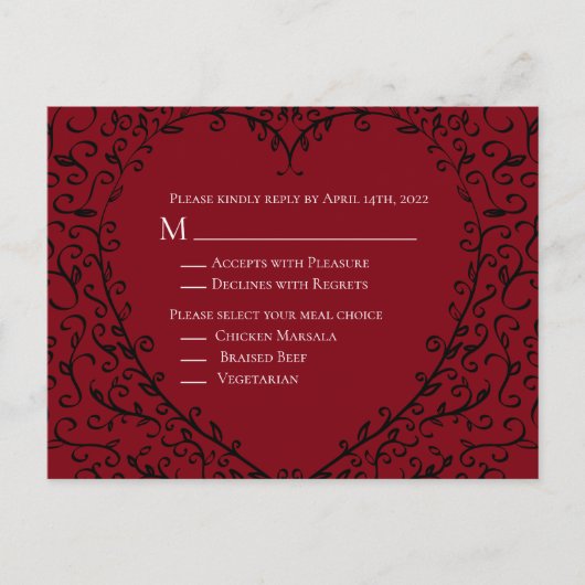 Rood en Zwart Hart Gotische Bruiloft Antwoord Kaar Briefkaart (Voorkant)