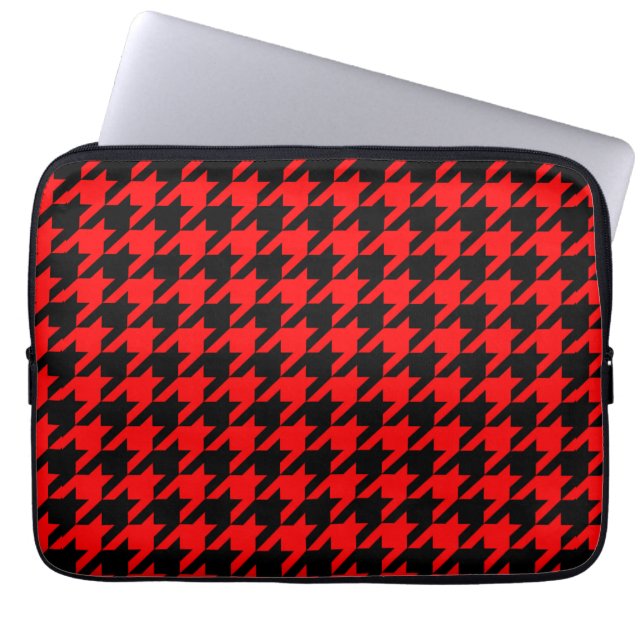 Rood en zwart Houndstooth Check Laptop Sleeve (Voorkant)
