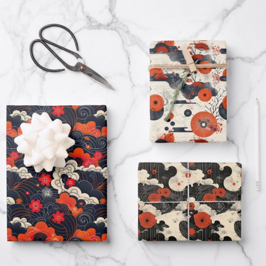 Rood en zwart Japandi Oriental Inpakpapier Vel (Voorkant)