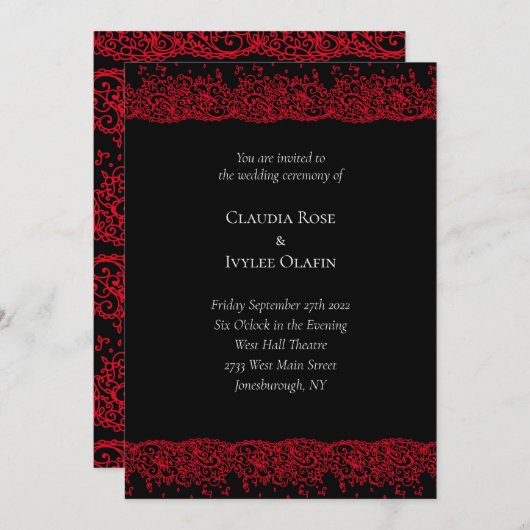 Rood en Zwart Kant Gotische Bruiloft Uitnodiging (Voorkant / Achterkant)