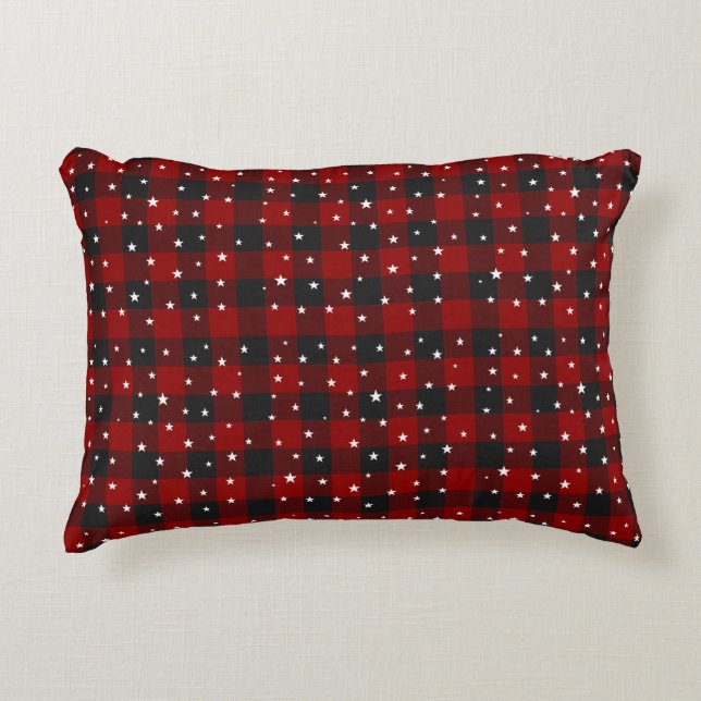 Rood en zwart kariert met sterren  accent kussen (Voorkant)