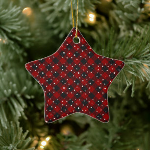 Rood en zwart karostof met sterren keramische kers keramisch ornament