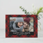 Rood en zwart kerstfoto Tartan Feestdagenkaart (Staand voorkant)