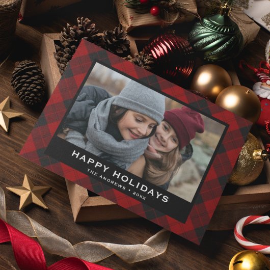 Rood en zwart kerstfoto Tartan Feestdagenkaart