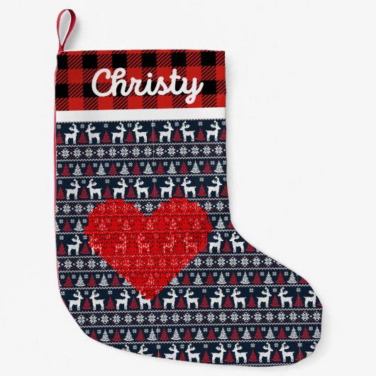 Rood en zwart Kerstmis familie rustieke plaid chec Kleine Kerstsok (Voorkant)