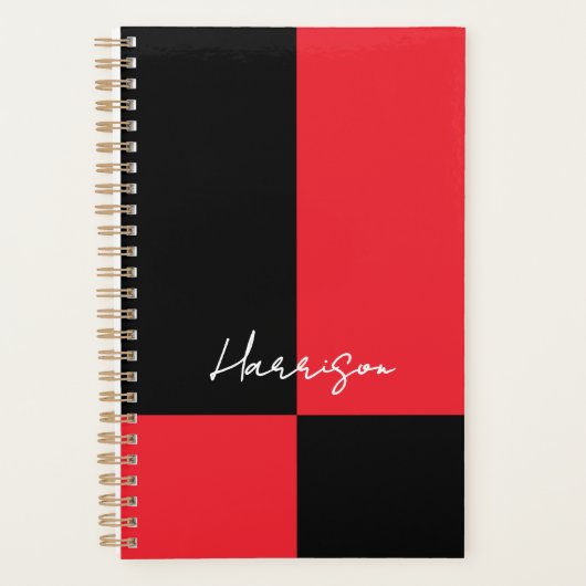 Rood en Zwart Kleurenblok Script Naam Aangepast Planner (Voorkant)