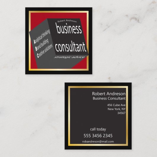 Rood en Zwart Kubus Zakelijk Consultant Geometrisc Vierkante Visitekaartje (Voorkant / Achterkant)
