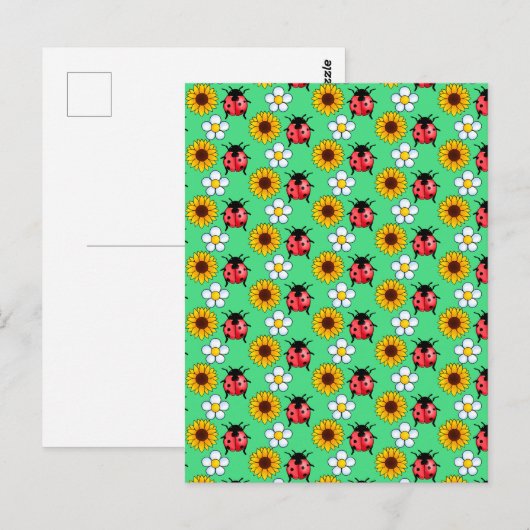 Rood en zwart lieveheersbeestje met bloemen briefkaart (Voorkant / Achterkant)