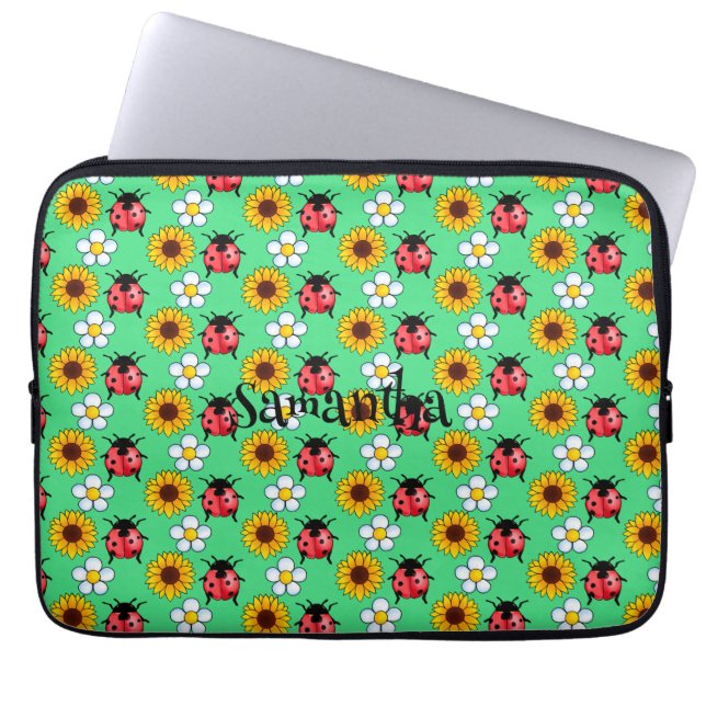 Rood en zwart lieveheersbeestje met bloemen laptop sleeve (Voorkant)
