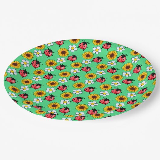 Rood en zwart lieveheersbeestje met bloemen papieren bordje (Gekanteld)