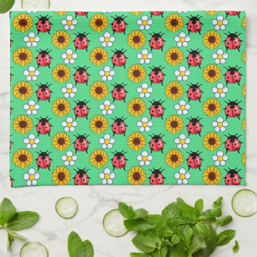 Rood en zwart lieveheersbeestje met bloemen theedoek (Gevouwen)