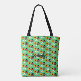 Rood en zwart lieveheersbeestje met bloemen tote bag