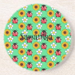 Rood en zwart lieveheersbeestje met bloemen zandsteen onderzetter