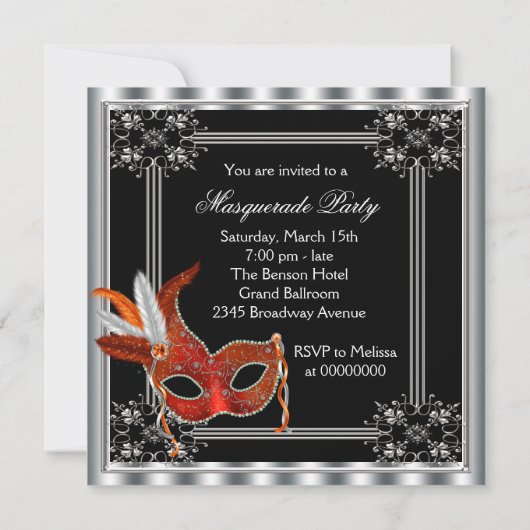 Rood en Zwart Masquerade Party Kaart (Achterkant)