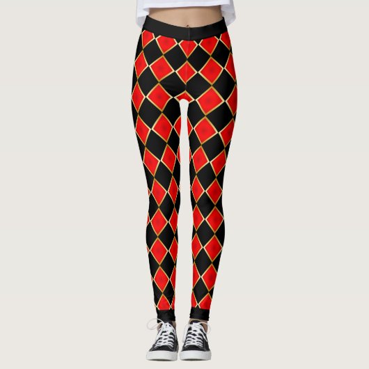 Rood en zwart met Faux Gold Outline gecontroleerd Leggings (Voorkant)
