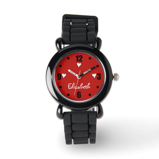 Rood en zwart met harten en naam horloge (Voorkant)