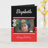 Rood en zwart naam en foto Happy Birthday Kaart (Gele Bloem)