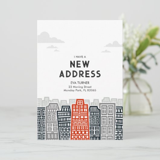 Rood en zwart nieuw adres met cartoon stad kaart (Staand voorkant)