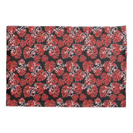 Rood en zwart patroon - gekko's en bladeren kussensloop (Achterkant)