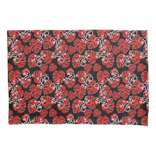 Rood en zwart patroon - gekko's en bladeren kussensloop (Voorkant)