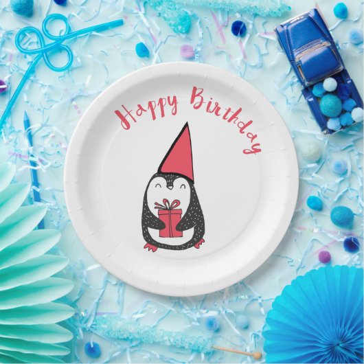 Rood en zwart Penguin Birthday Papieren Bordje (Feest)