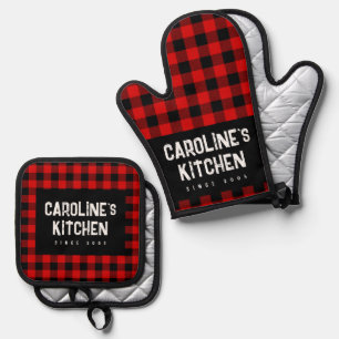 Rood en Zwart Plaid Pattern  Typografie Ovenwant & Pannenlap Set